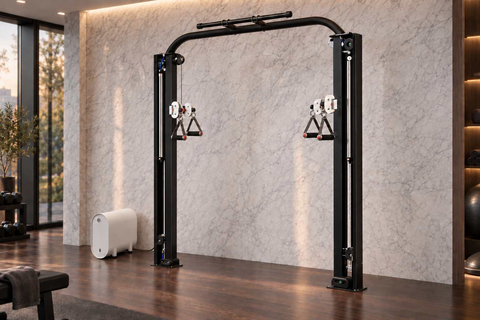 Concept rendering of a Flexline dual-post system and compressor in a premium home gym